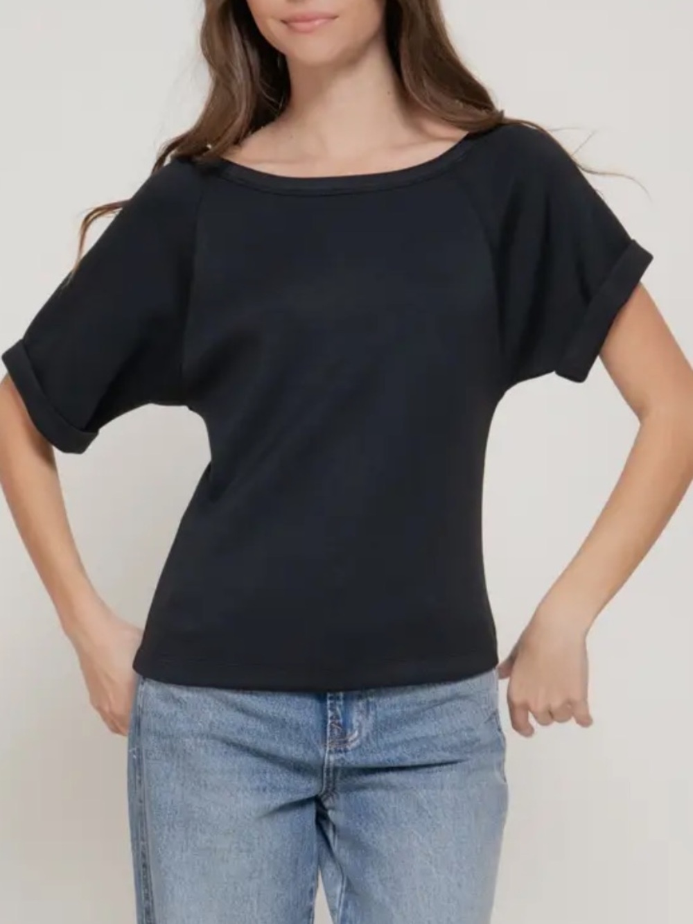 ShopEvelynne Black Short-Sleeve Boatneck Top